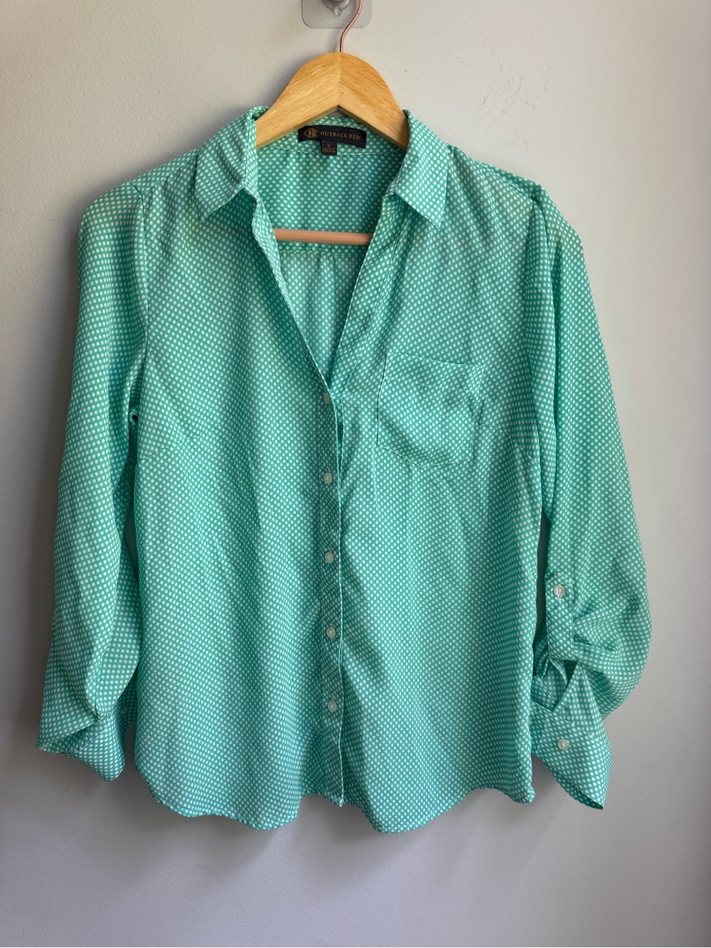 Outback Red Teal Polka Dot Long Sleeve Button-Up Shirt Thin Sleek